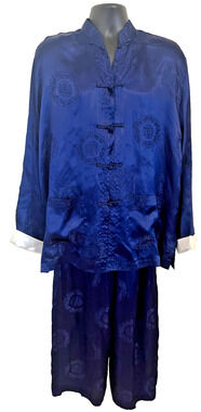 Blue Silk Chinese Tang Suit Set Kung Fu Shirt Pant Uniform Shou medallion 4XL